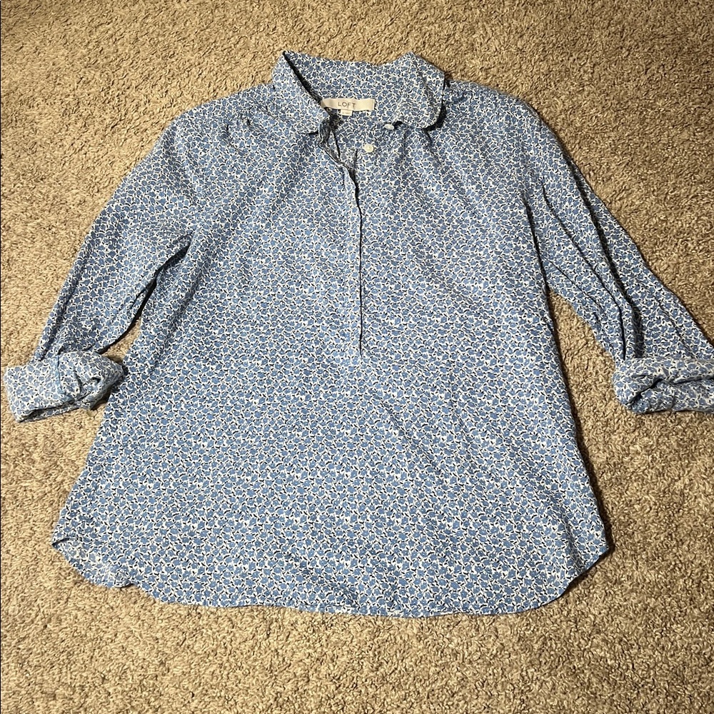 LOFT Light Blue Floral Henley Blouse